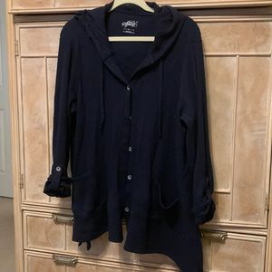 Dark blue sweater with hood & front pockets. Stylish & sassy! Smoke & pet free.